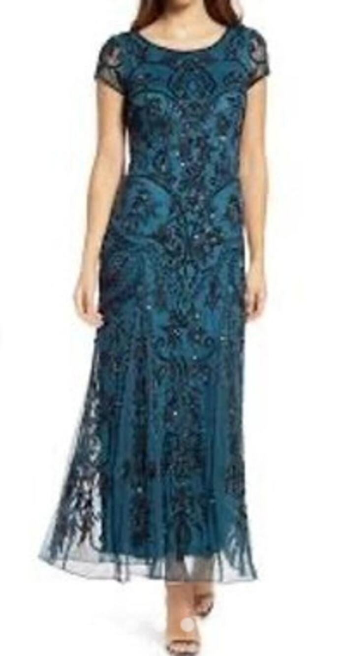 Pisarro Nights Embellished Cap Sleeve Gown Women 10 Emerald Teal Beaded Sequin
